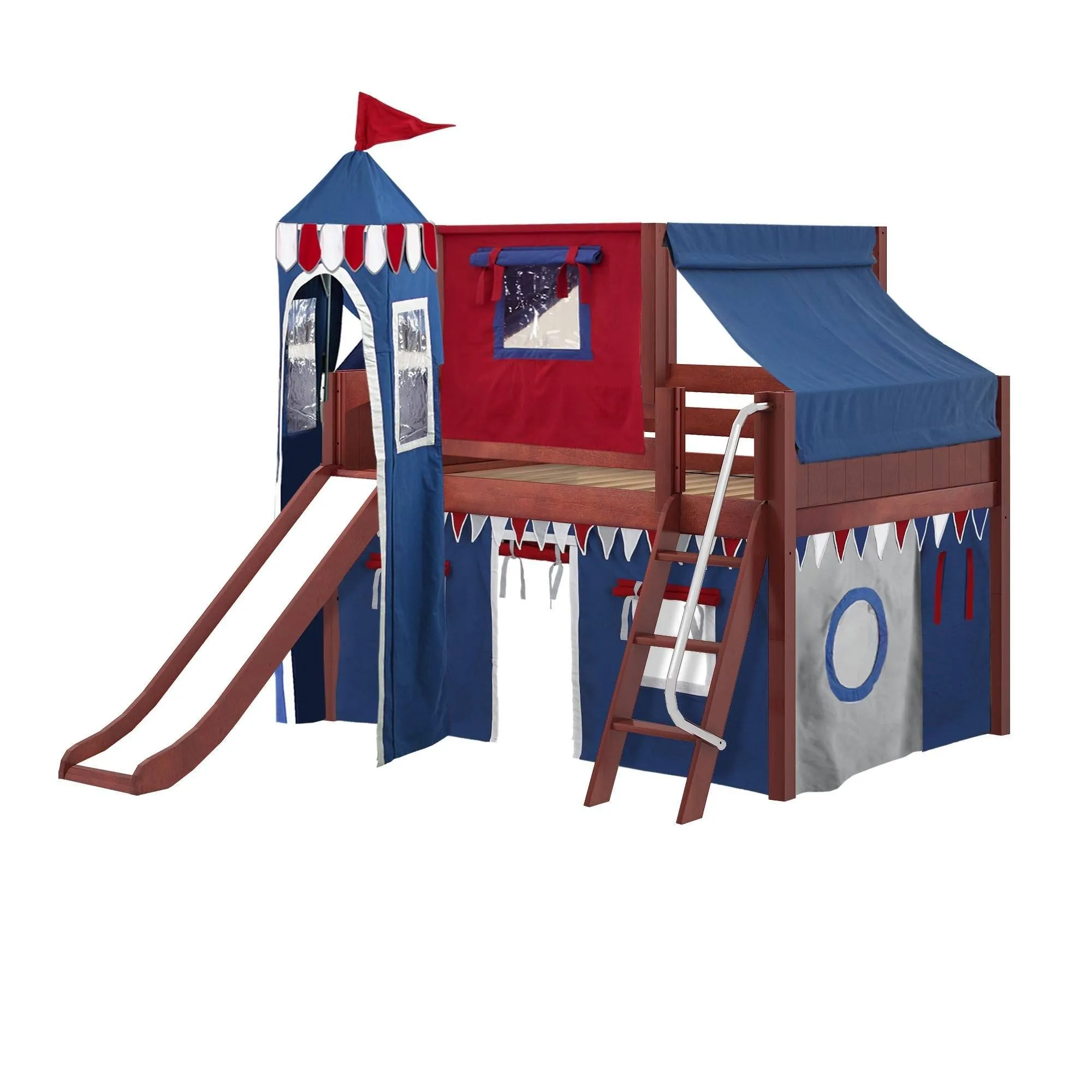 Maxtrix Full Low Loft Bed with Angled Ladder, Curtain, Top Tent, Tower   Slide