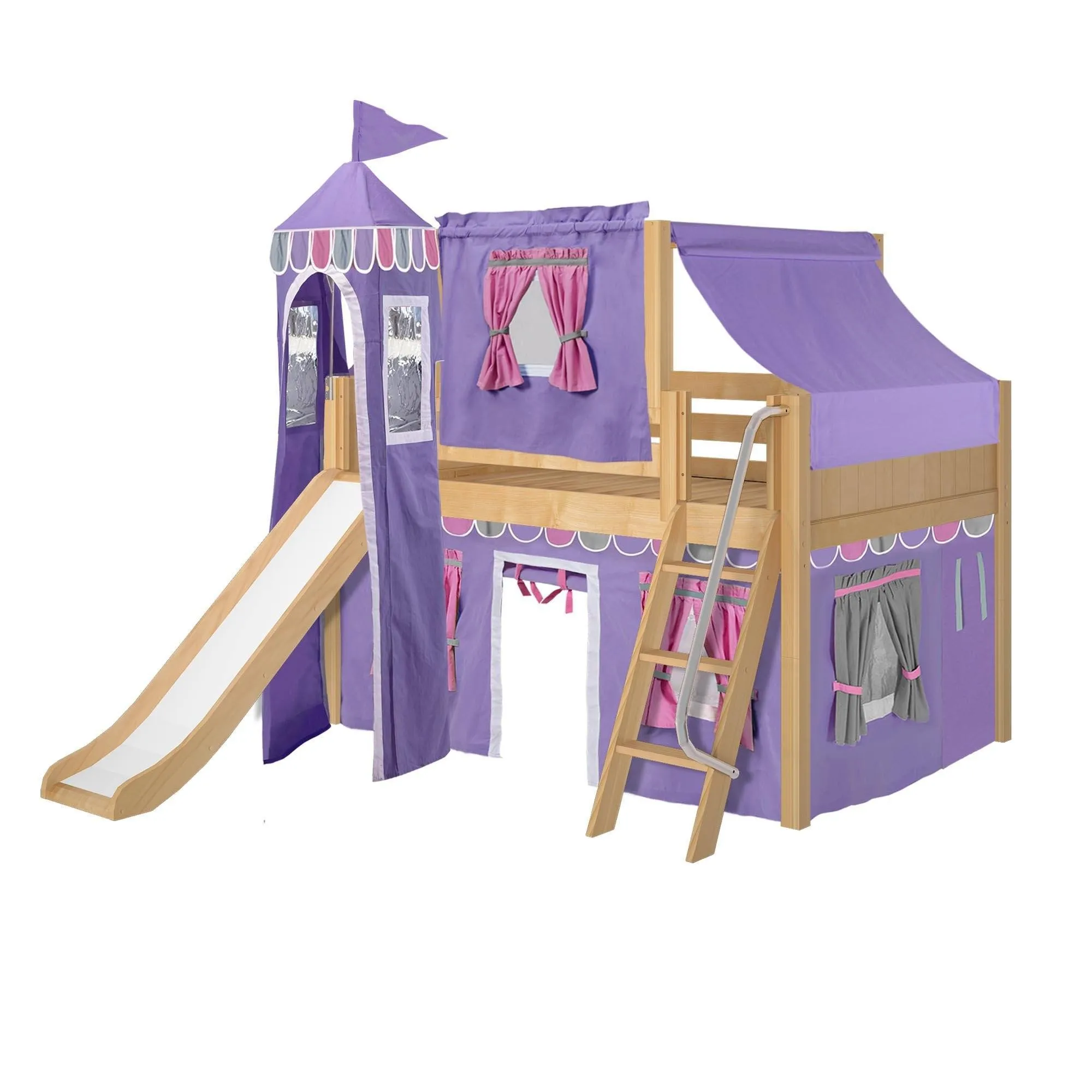 Maxtrix Full Low Loft Bed with Angled Ladder, Curtain, Top Tent, Tower   Slide