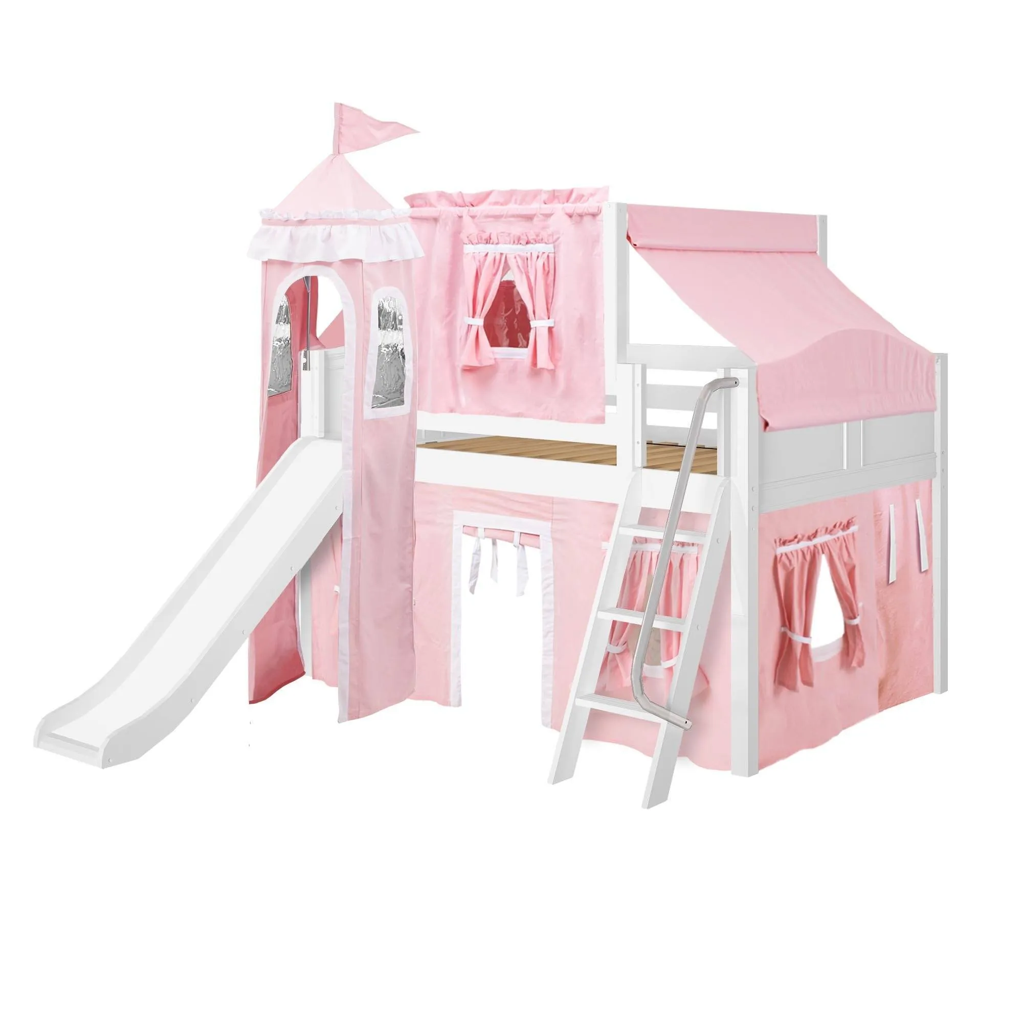 Maxtrix Full Low Loft Bed with Angled Ladder, Curtain, Top Tent, Tower   Slide