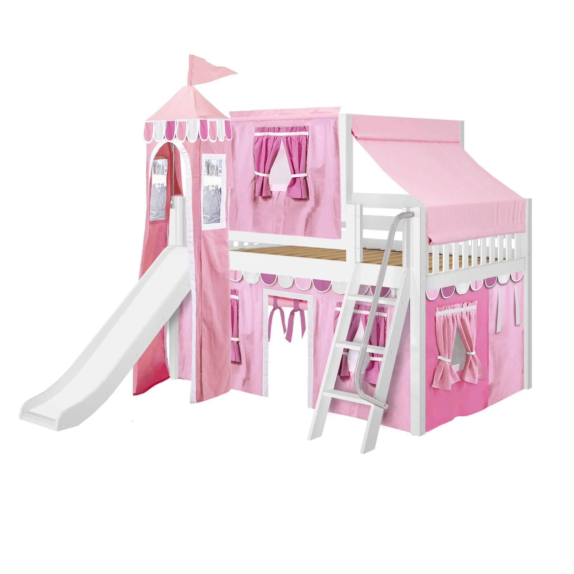 Maxtrix Full Low Loft Bed with Angled Ladder, Curtain, Top Tent, Tower   Slide