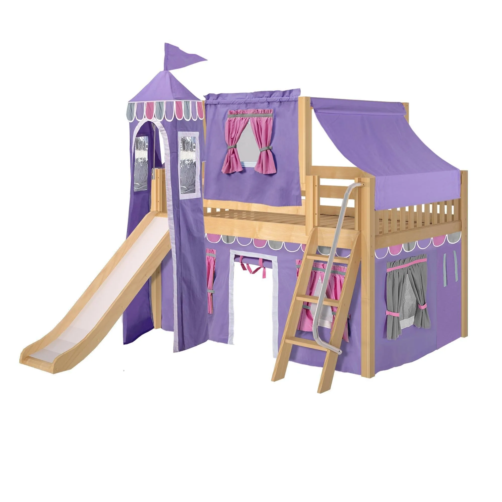 Maxtrix Full Low Loft Bed with Angled Ladder, Curtain, Top Tent, Tower   Slide