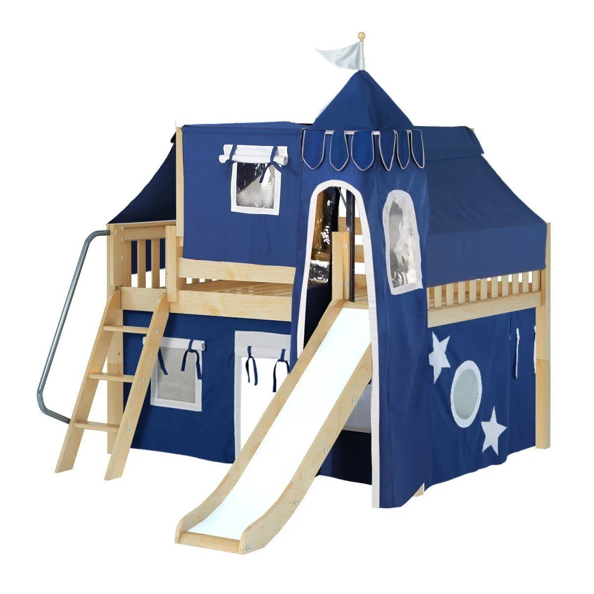 Maxtrix Full Low Loft Bed with Angled Ladder, Curtain, Top Tent, Tower   Slide