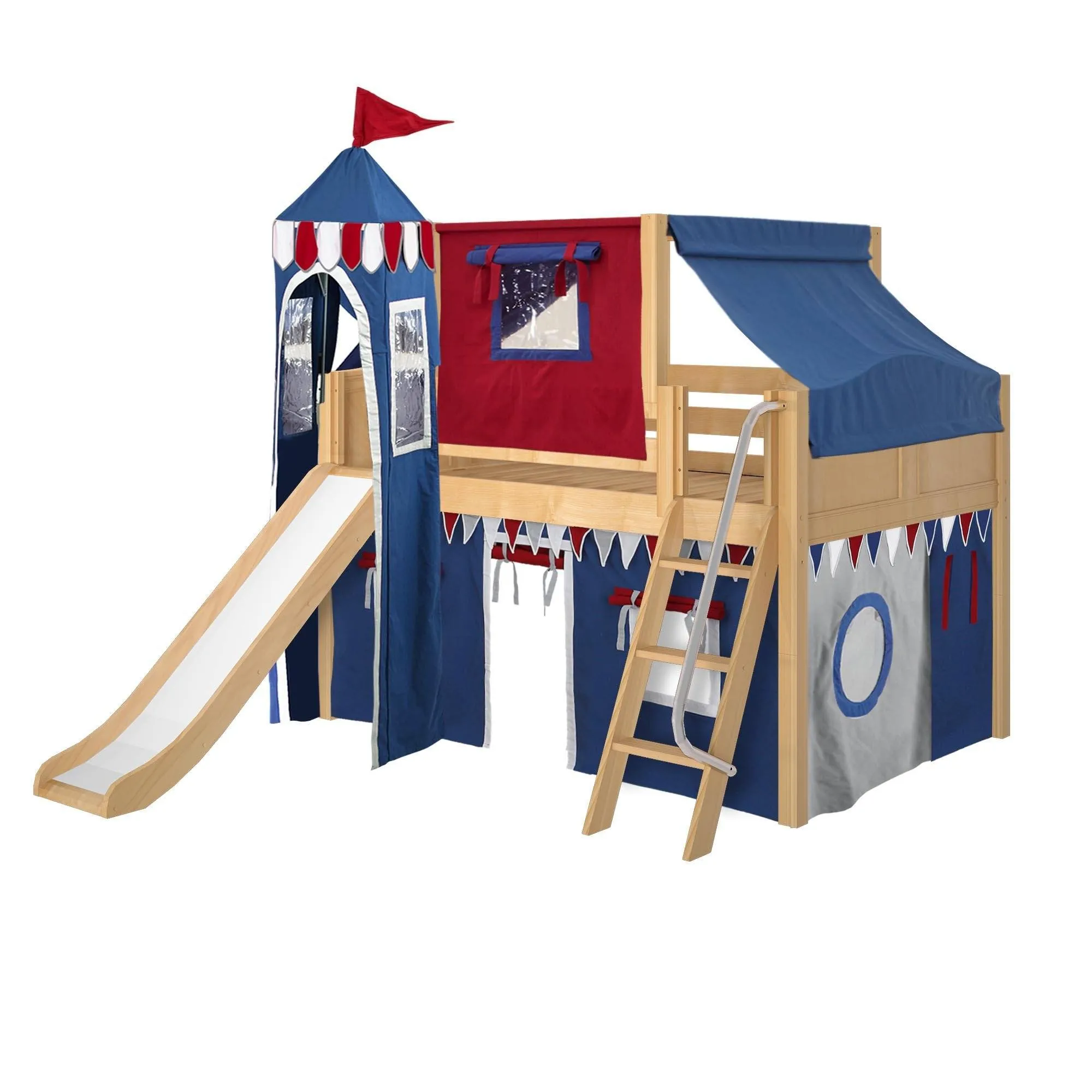 Maxtrix Full Low Loft Bed with Angled Ladder, Curtain, Top Tent, Tower   Slide
