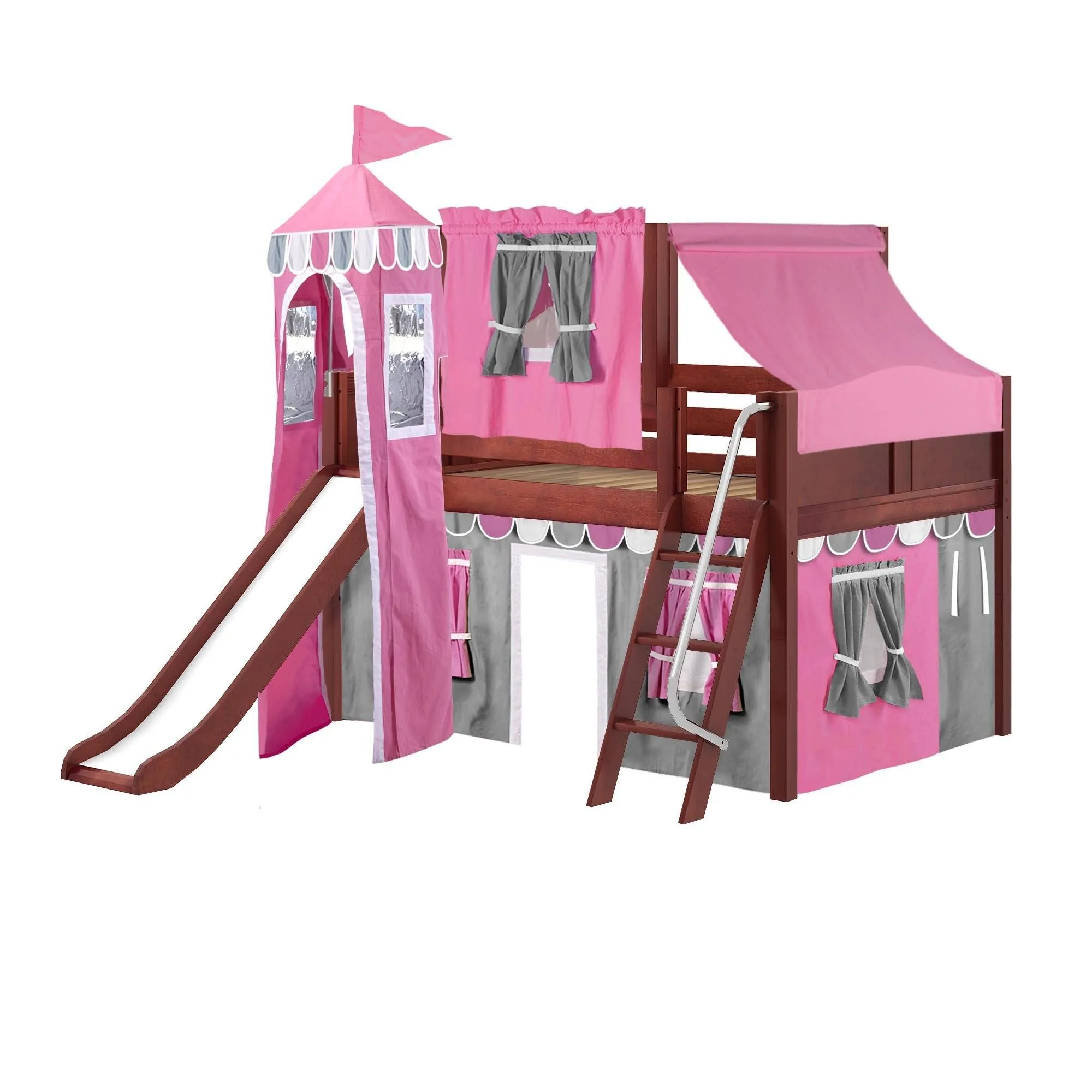 Maxtrix Full Low Loft Bed with Angled Ladder, Curtain, Top Tent, Tower   Slide