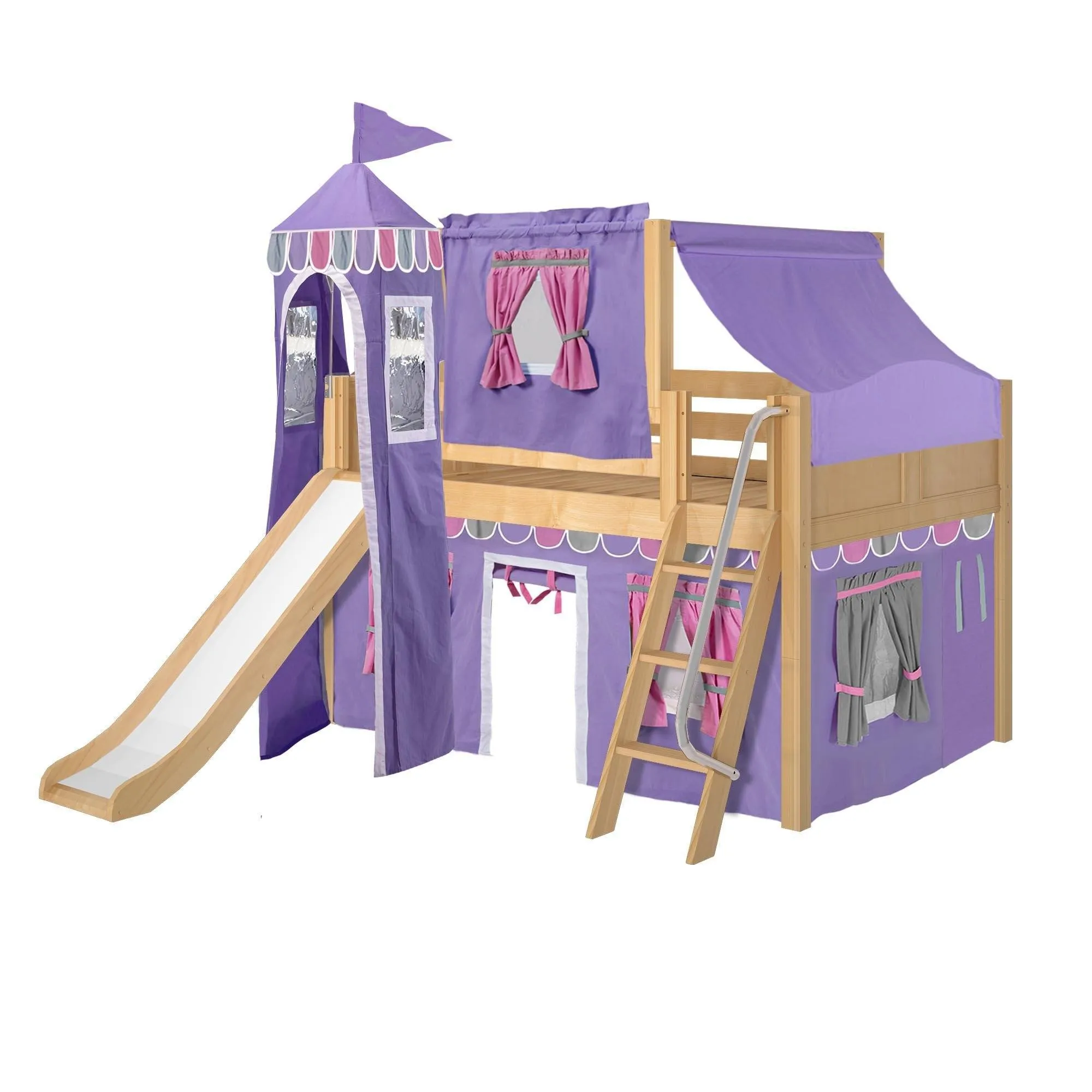 Maxtrix Full Low Loft Bed with Angled Ladder, Curtain, Top Tent, Tower   Slide