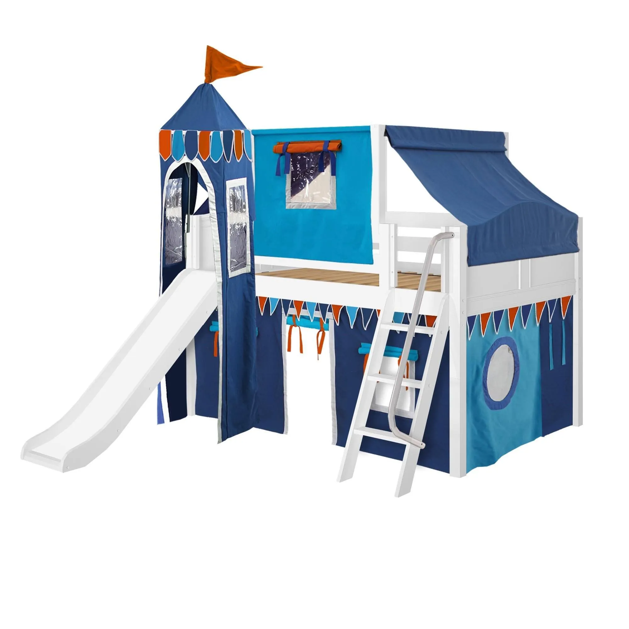 Maxtrix Full Low Loft Bed with Angled Ladder, Curtain, Top Tent, Tower   Slide