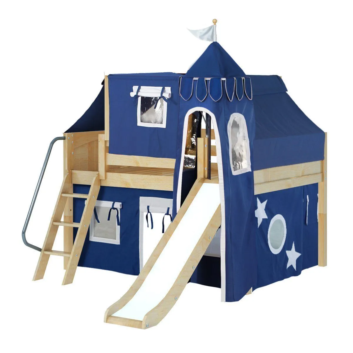 Maxtrix Full Low Loft Bed with Angled Ladder, Curtain, Top Tent, Tower   Slide