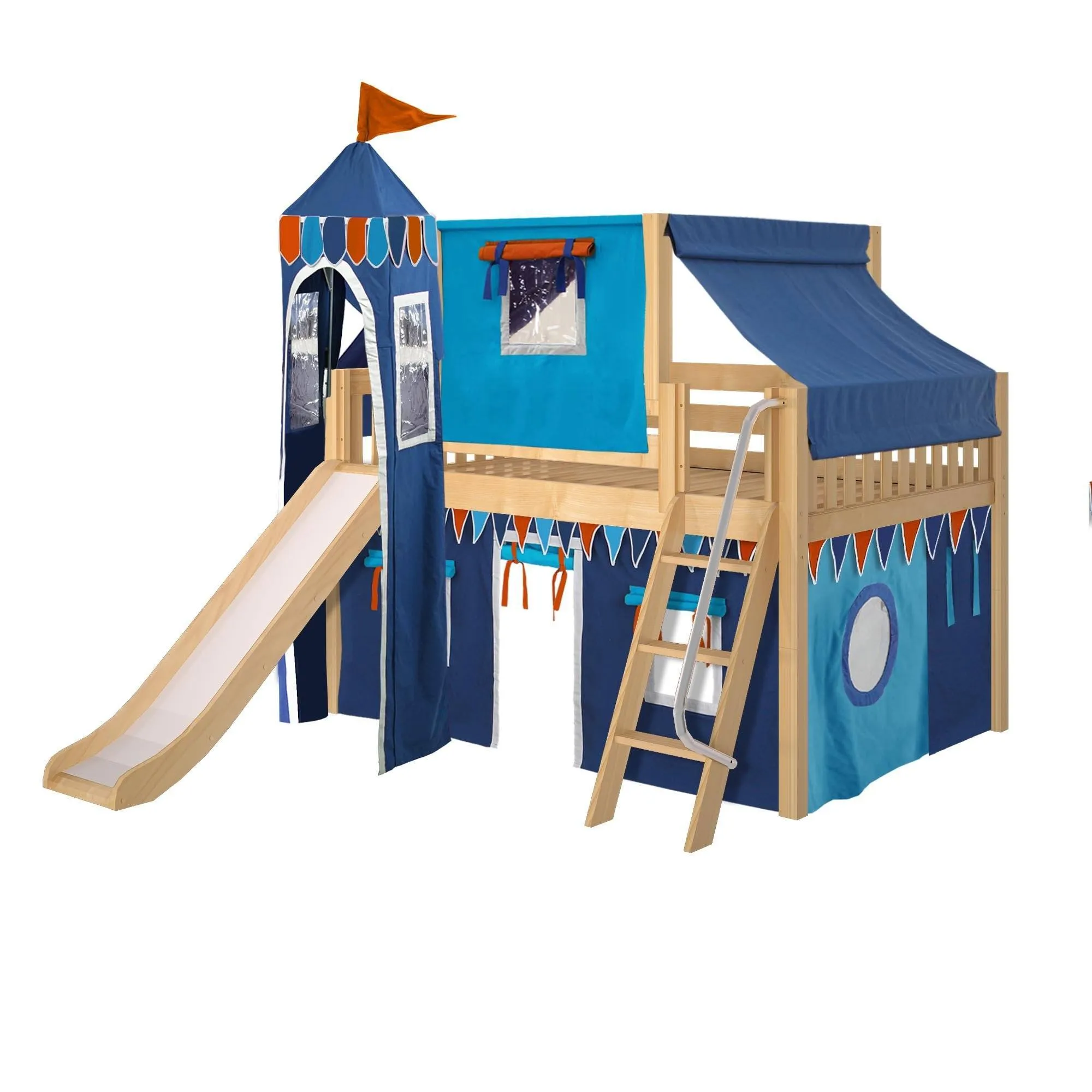 Maxtrix Full Low Loft Bed with Angled Ladder, Curtain, Top Tent, Tower   Slide