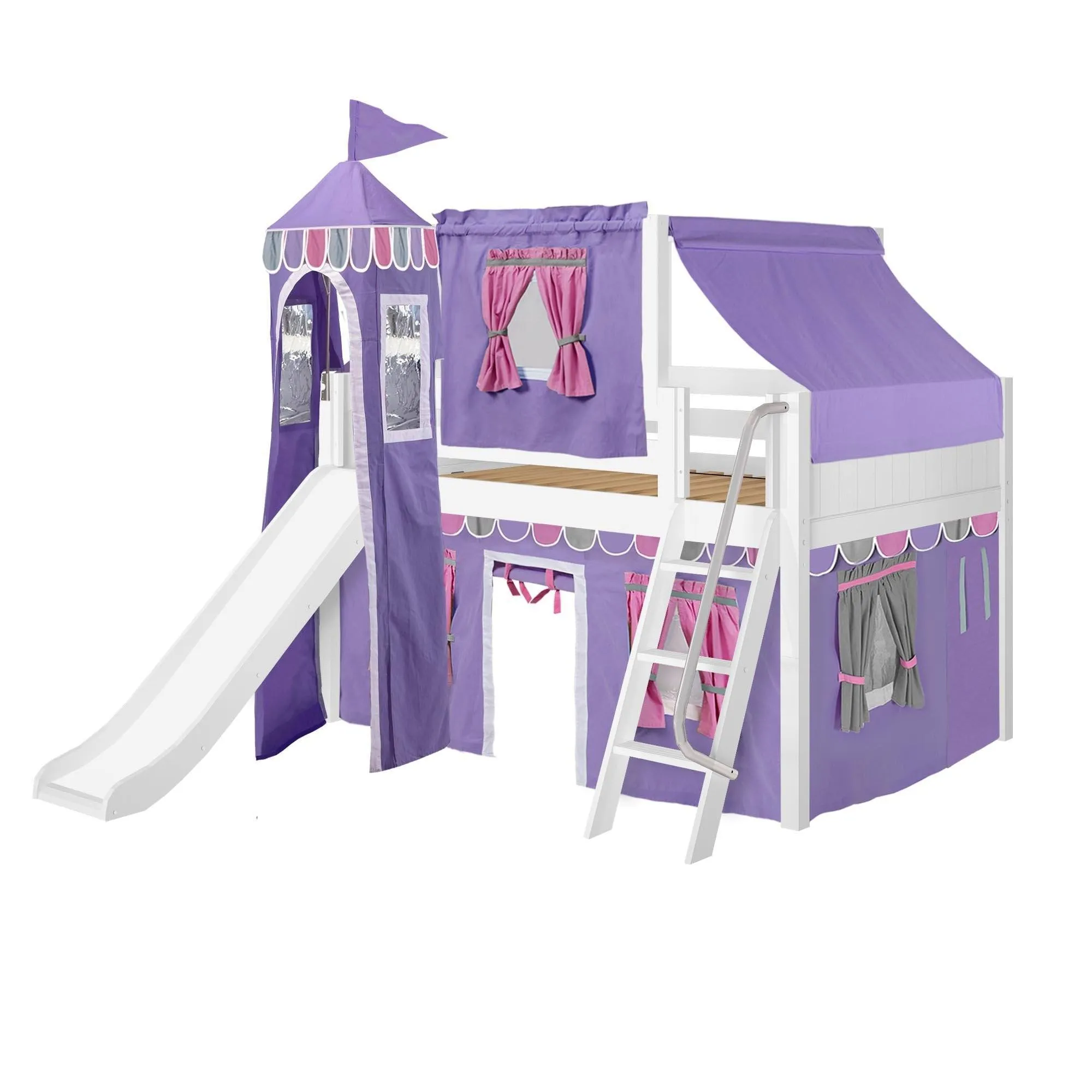 Maxtrix Full Low Loft Bed with Angled Ladder, Curtain, Top Tent, Tower   Slide