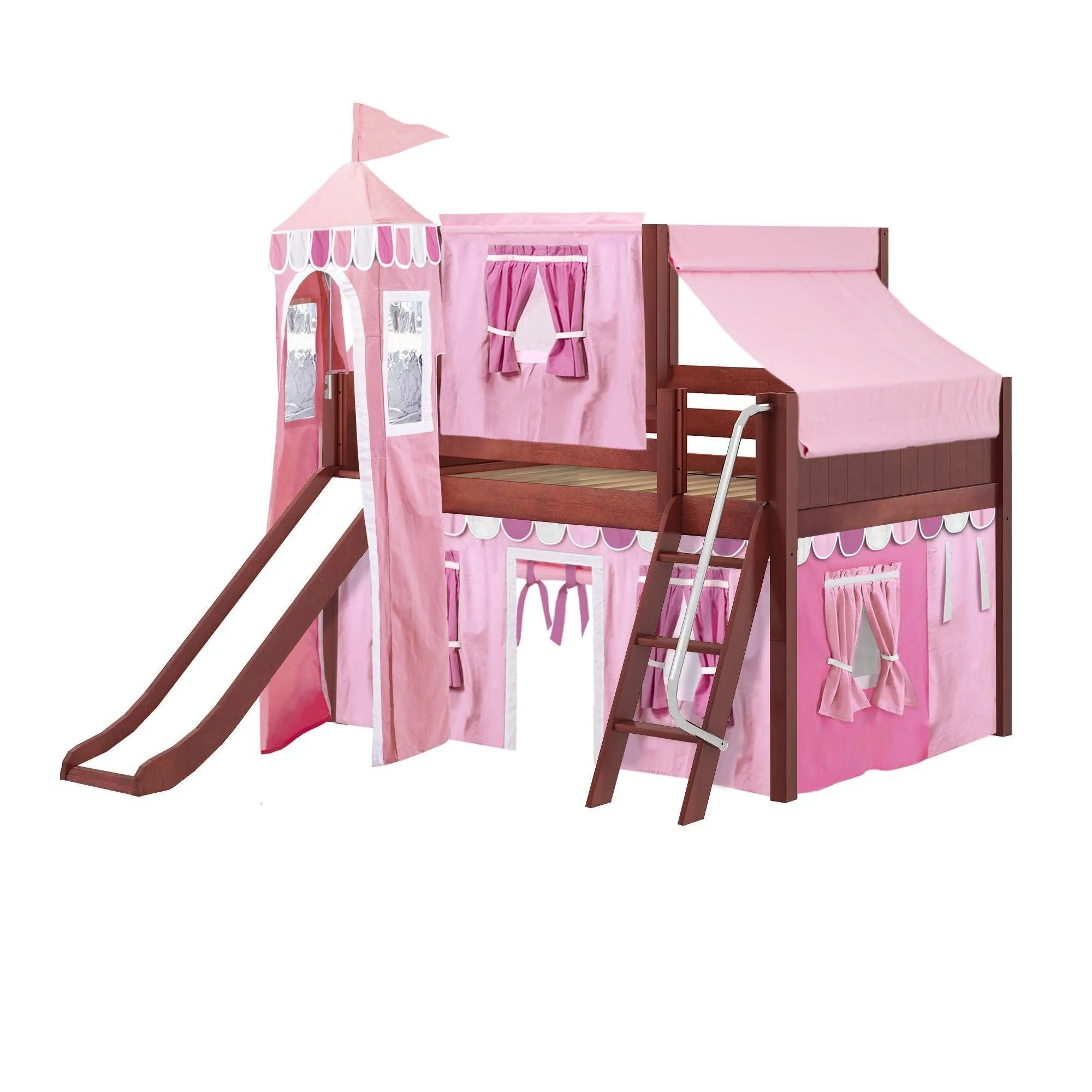 Maxtrix Full Low Loft Bed with Angled Ladder, Curtain, Top Tent, Tower   Slide