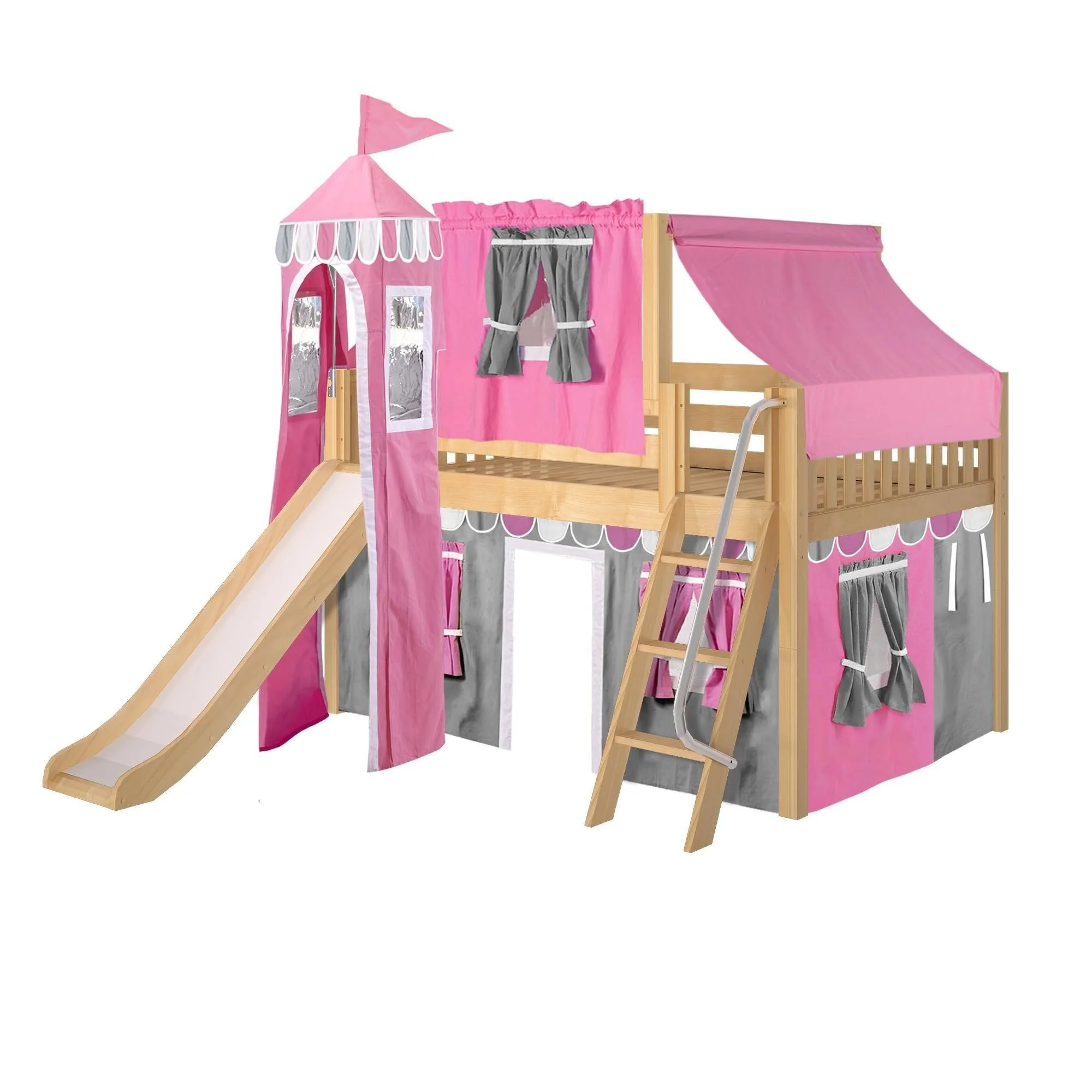 Maxtrix Full Low Loft Bed with Angled Ladder, Curtain, Top Tent, Tower   Slide
