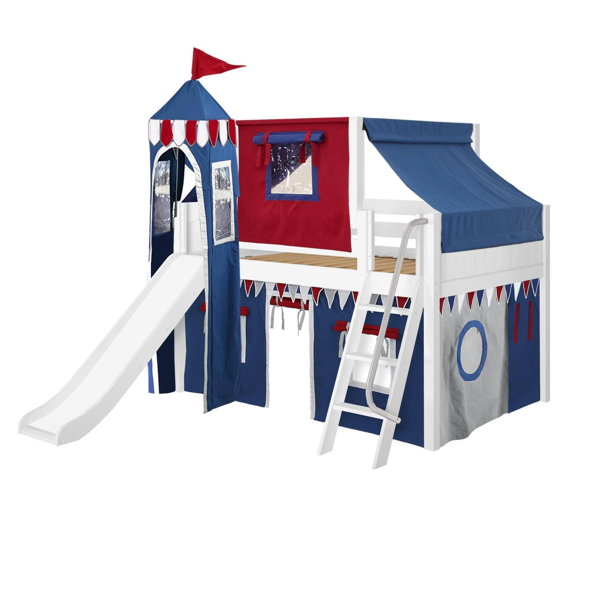 Maxtrix Full Low Loft Bed with Angled Ladder, Curtain, Top Tent, Tower   Slide