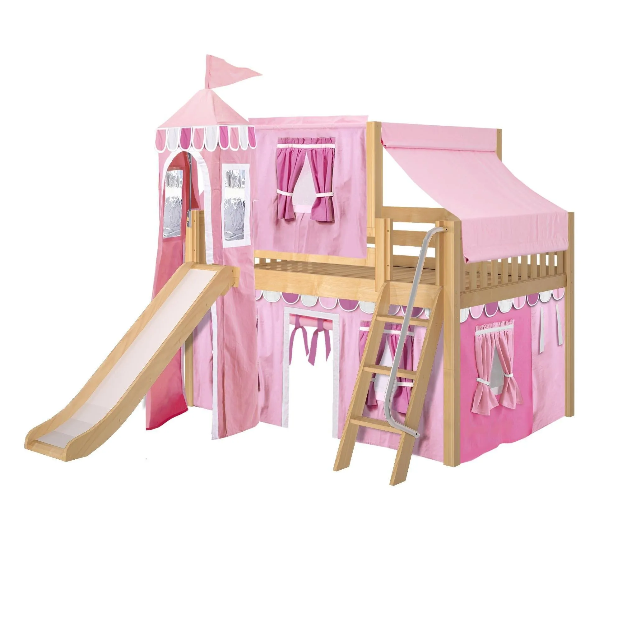 Maxtrix Full Low Loft Bed with Angled Ladder, Curtain, Top Tent, Tower   Slide