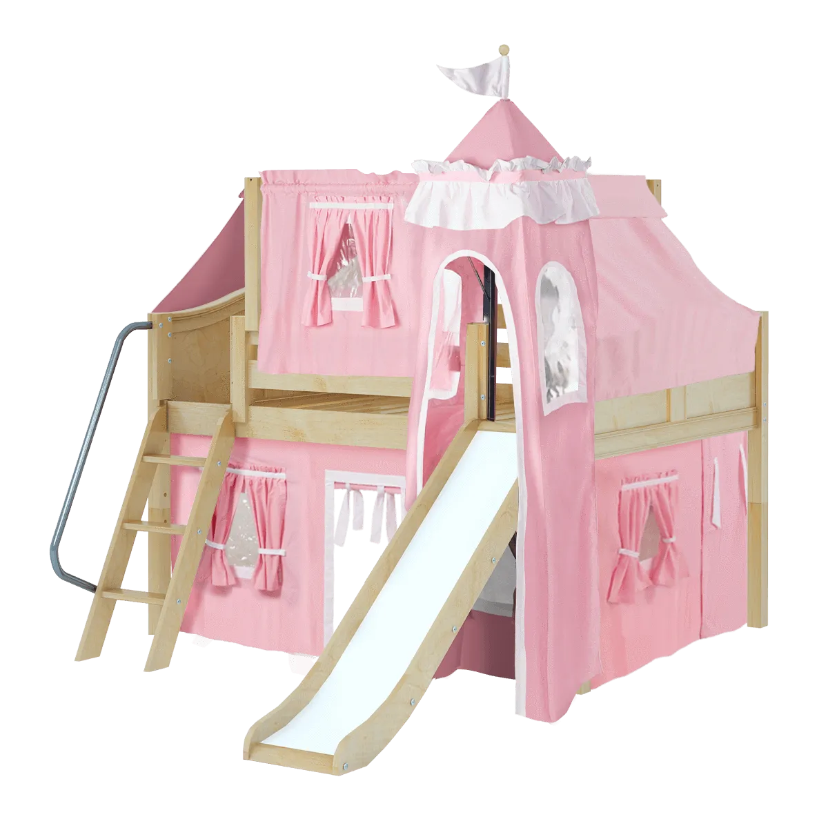 Maxtrix Full Low Loft Bed with Angled Ladder, Curtain, Top Tent, Tower   Slide
