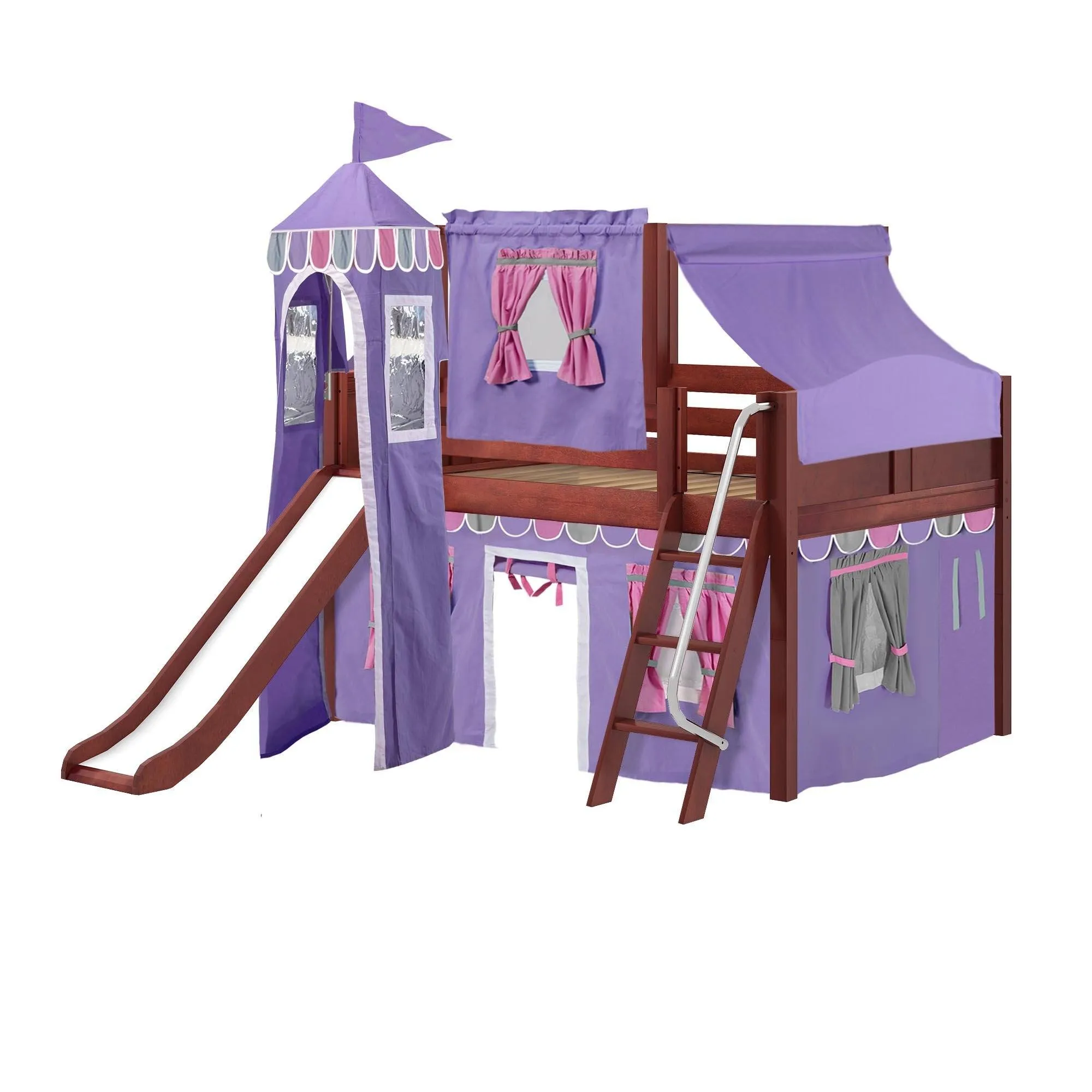 Maxtrix Full Low Loft Bed with Angled Ladder, Curtain, Top Tent, Tower   Slide