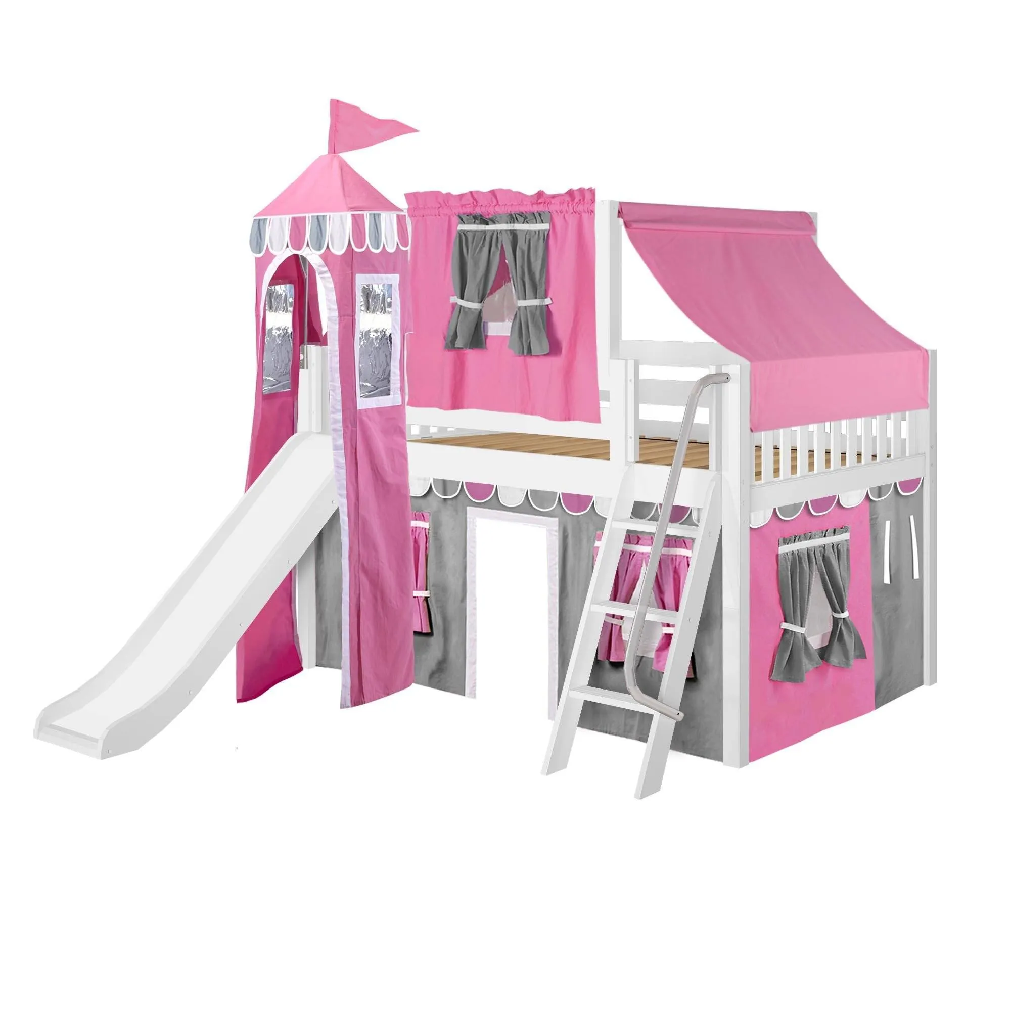 Maxtrix Full Low Loft Bed with Angled Ladder, Curtain, Top Tent, Tower   Slide