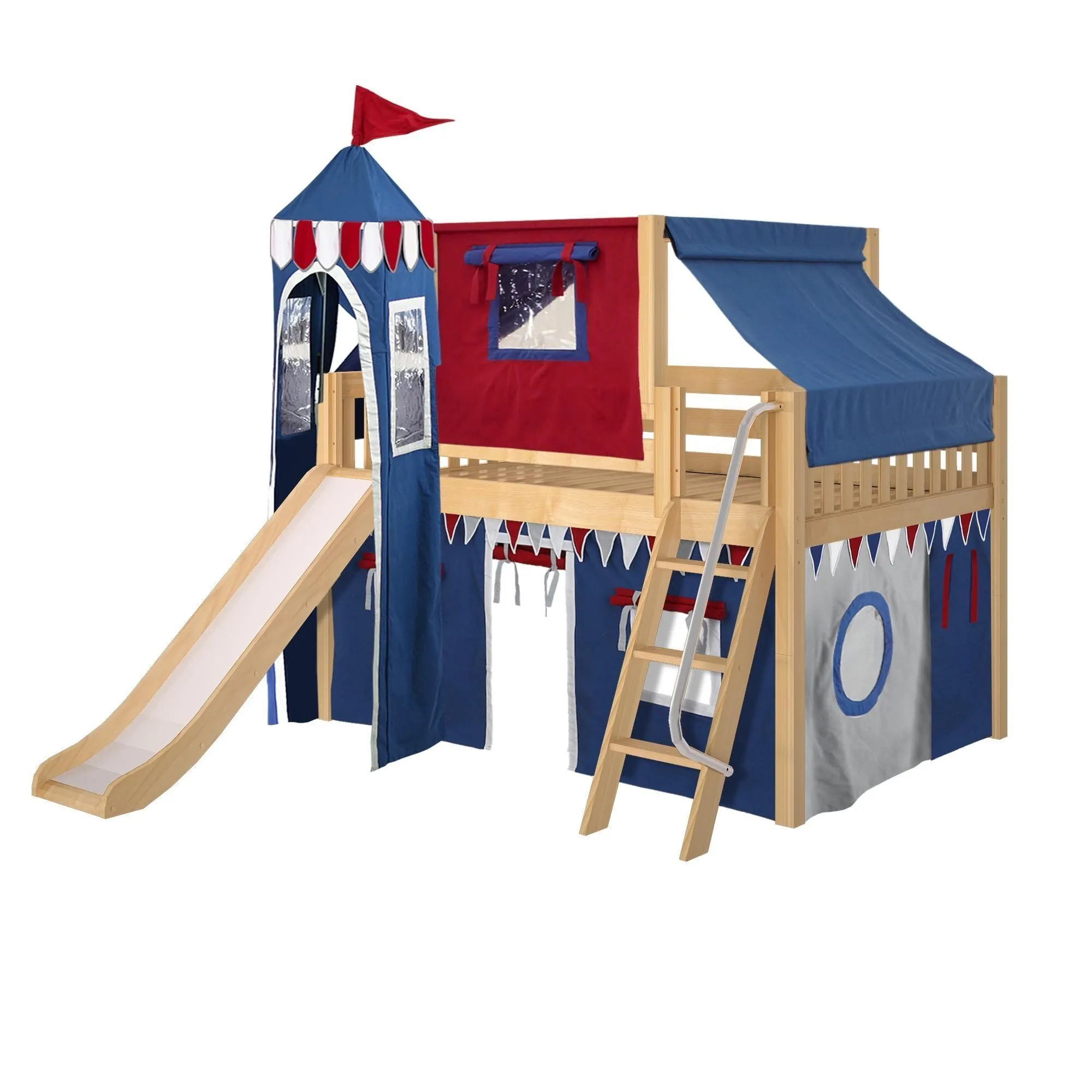 Maxtrix Full Low Loft Bed with Angled Ladder, Curtain, Top Tent, Tower   Slide