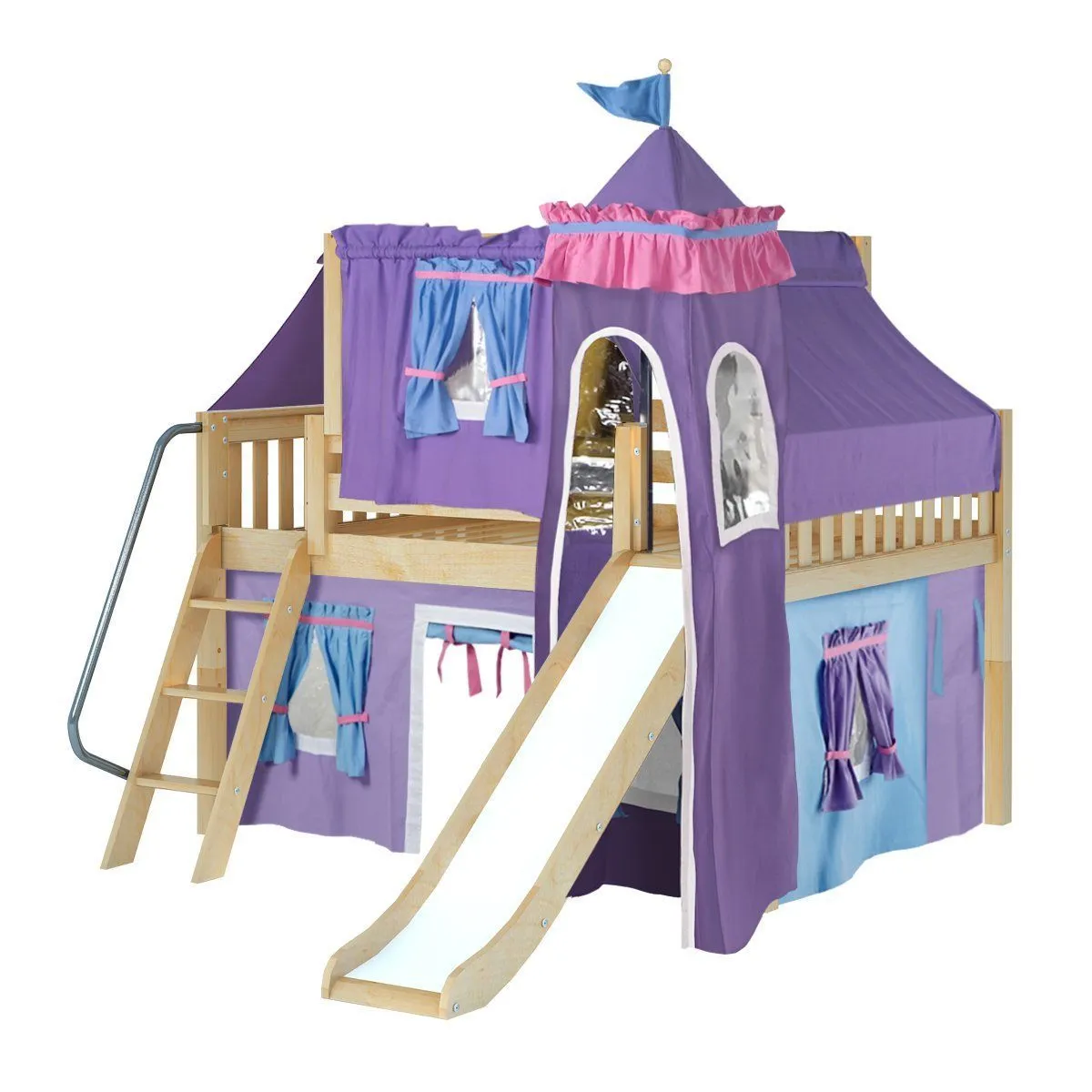 Maxtrix Full Low Loft Bed with Angled Ladder, Curtain, Top Tent, Tower   Slide