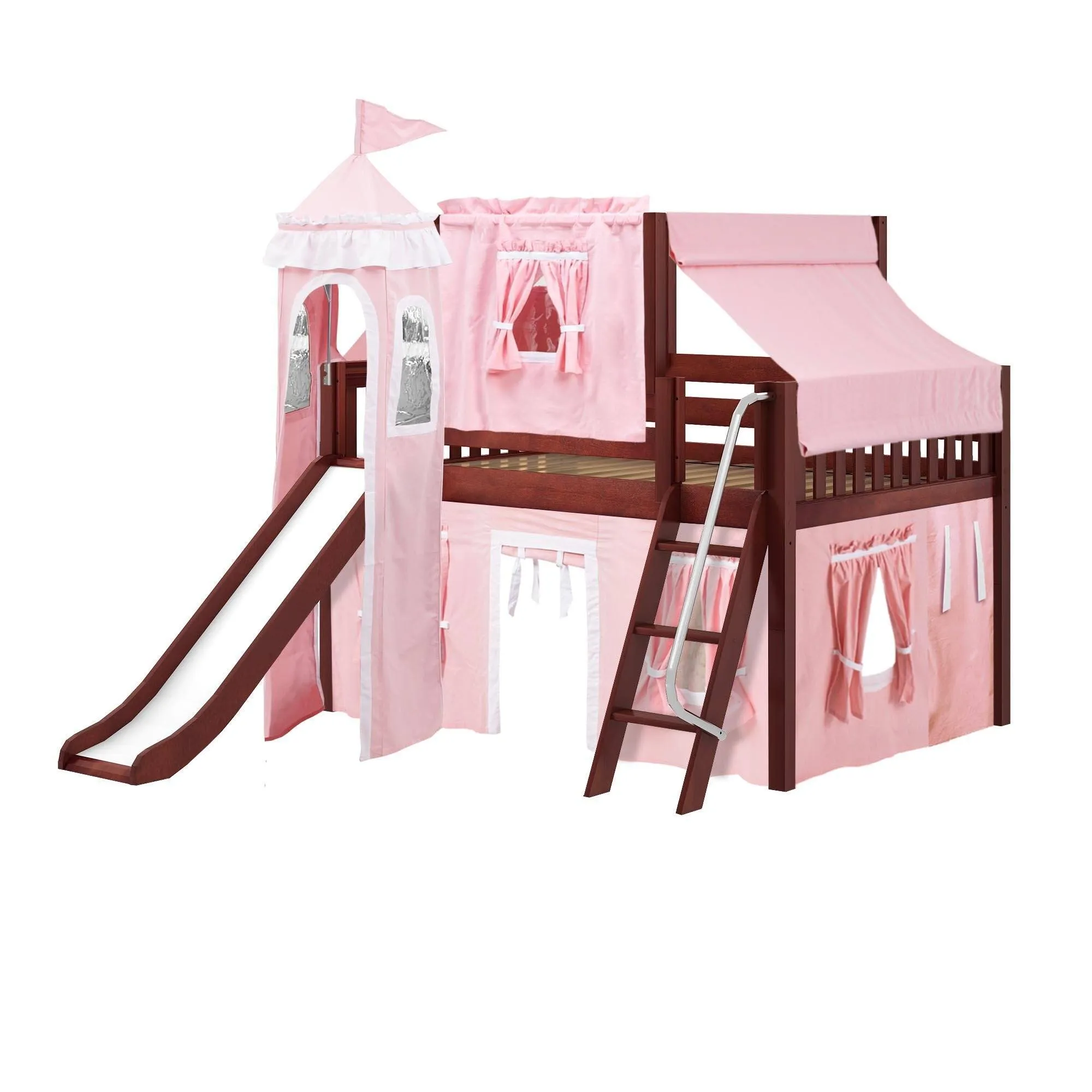 Maxtrix Full Low Loft Bed with Angled Ladder, Curtain, Top Tent, Tower   Slide