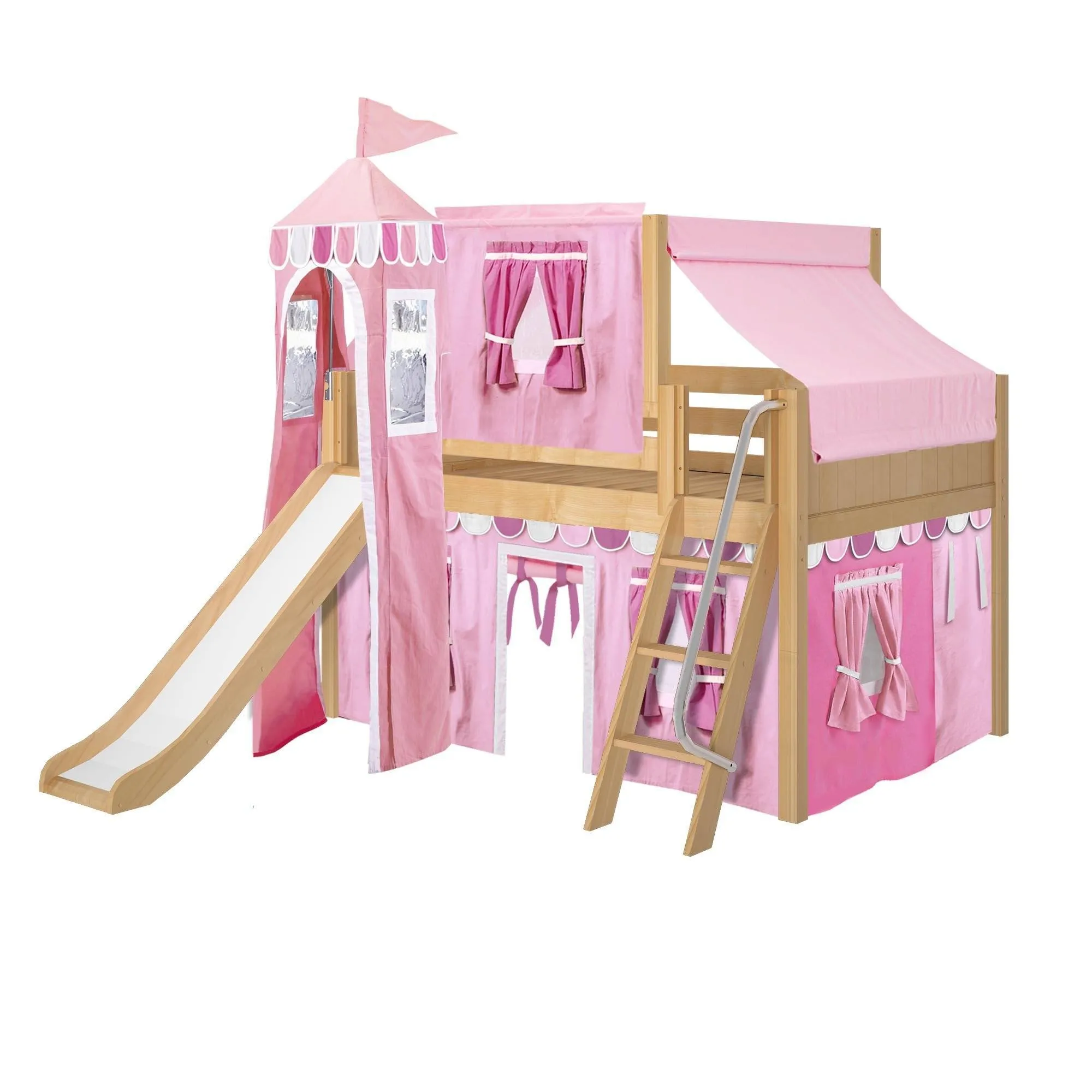Maxtrix Full Low Loft Bed with Angled Ladder, Curtain, Top Tent, Tower   Slide