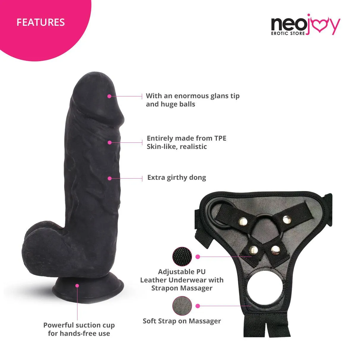 Neojoy - Big Bad Boy Dildo With Strap-On Dong Pegging - Black - 29.5cm - 11.6 inch