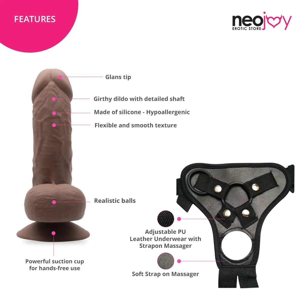 Neojoy - Fill-Me-Up Dildo With Strap-On Dong Harness - Brown - 19cm - 7.5 inch