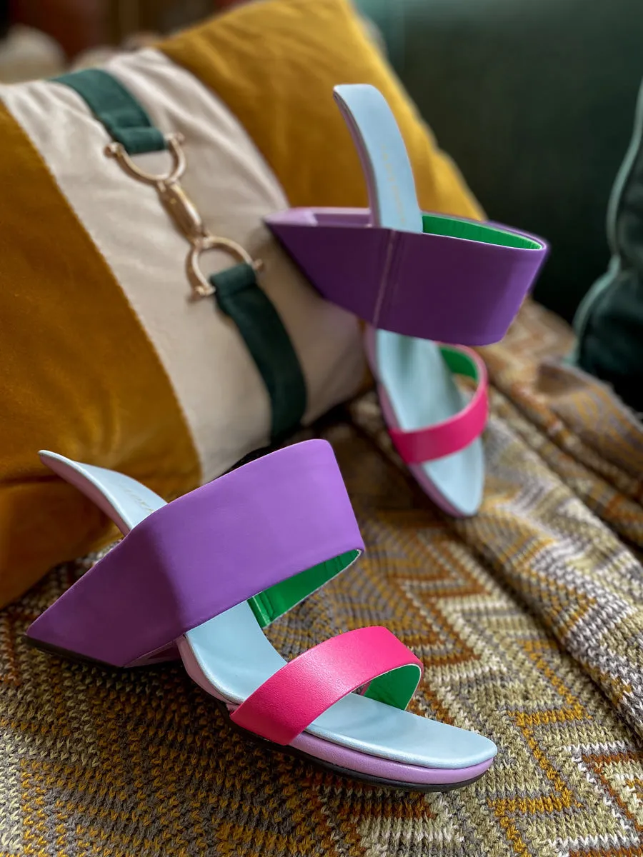 Open Toes Wedge Heel Leather Sandal - Purple Pink