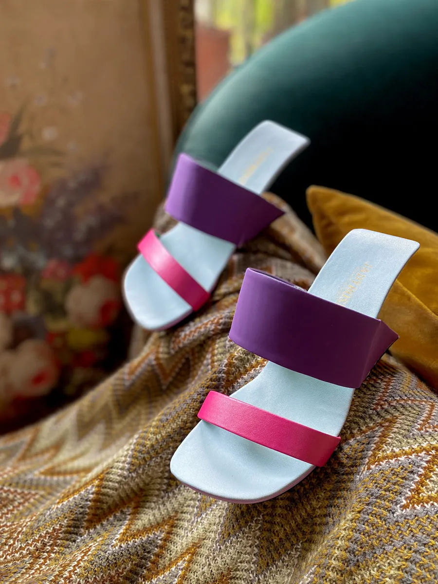 Open Toes Wedge Heel Leather Sandal - Purple Pink