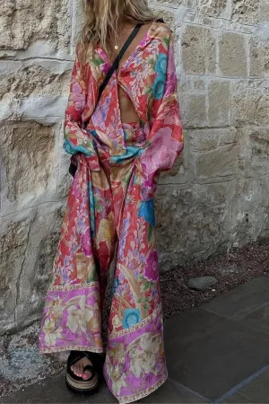 Painter's Garden Boho Floral Print Button Long Sleeve Relaxed Blouse
