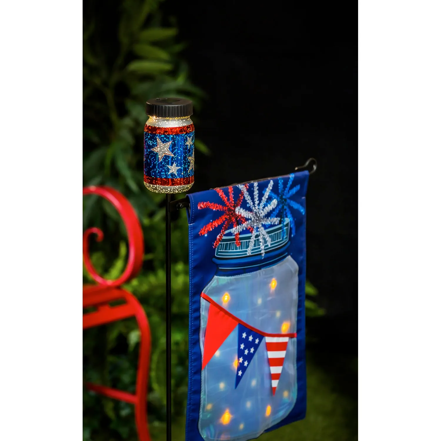Patriotic Stars Mason Jar  Solar Garden Flag Stand,20140