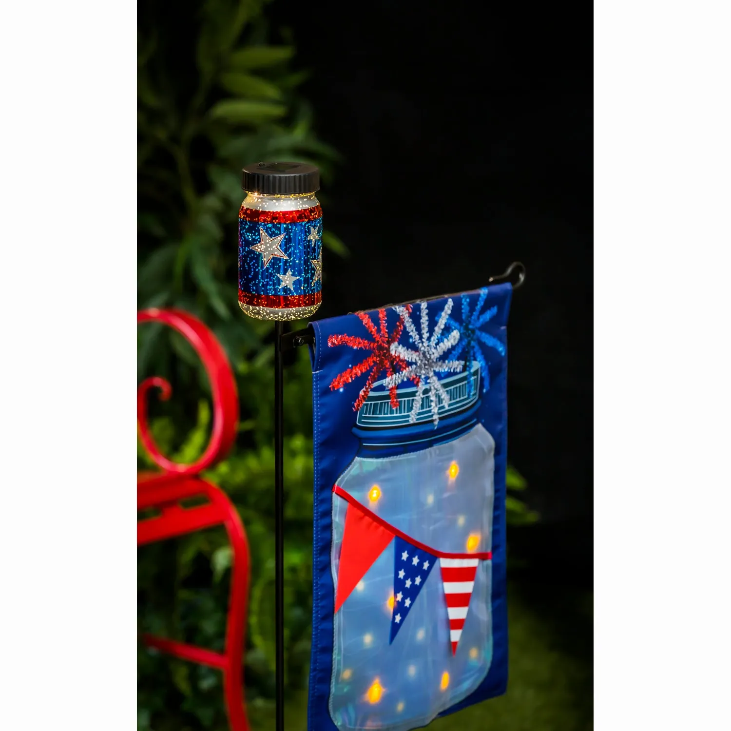 Patriotic Stars Mason Jar  Solar Garden Flag Stand,20140