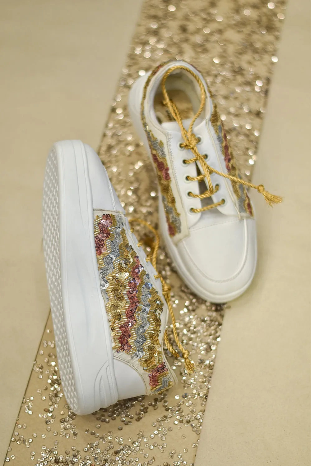 Poly Silk & Rexine Embroidered Gold Sneakers