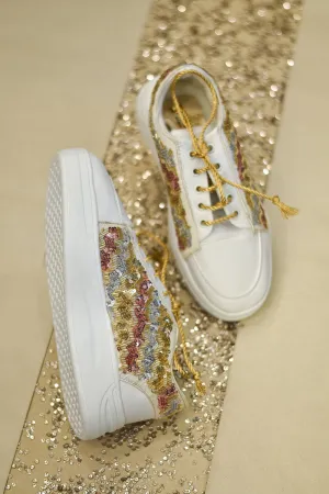 Poly Silk & Rexine Embroidered Gold Sneakers