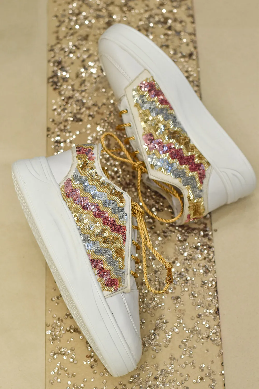 Poly Silk & Rexine Embroidered Gold Sneakers