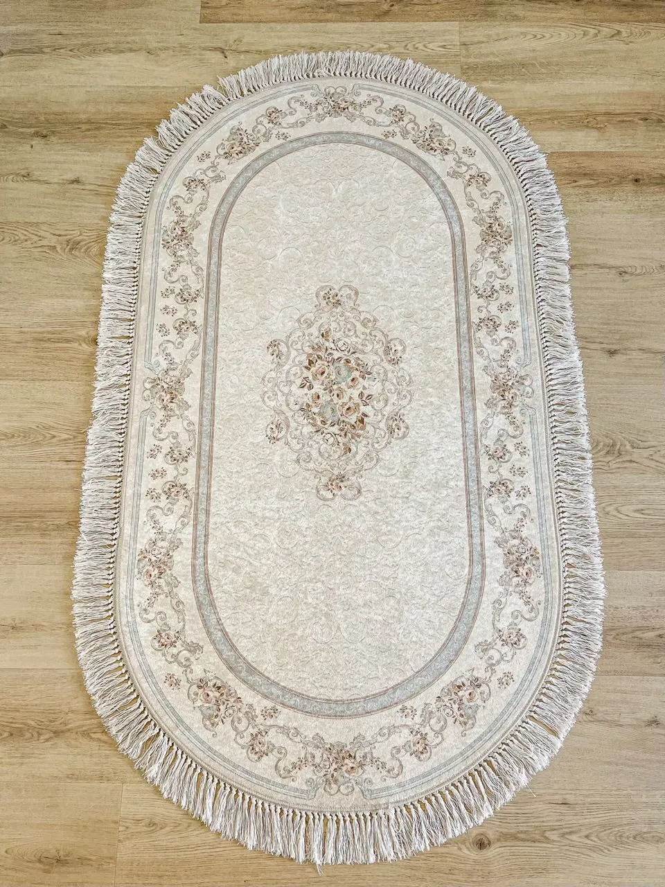 Round Blue Design Lateks Water Resistant Washable Tassel Area Rug