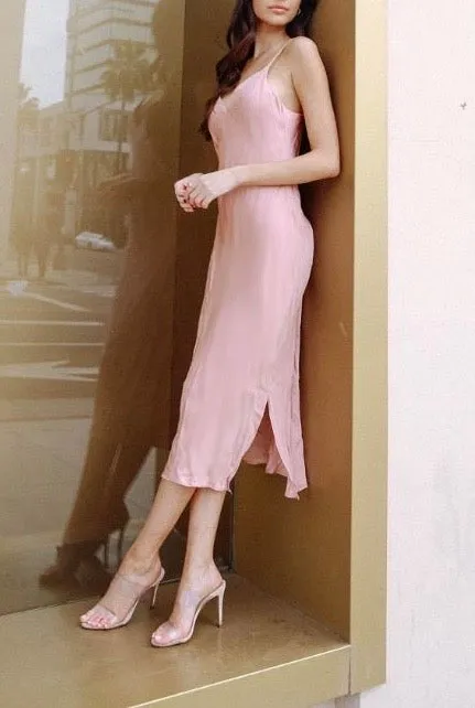Satin V Neck Bias Cut Midi Dress