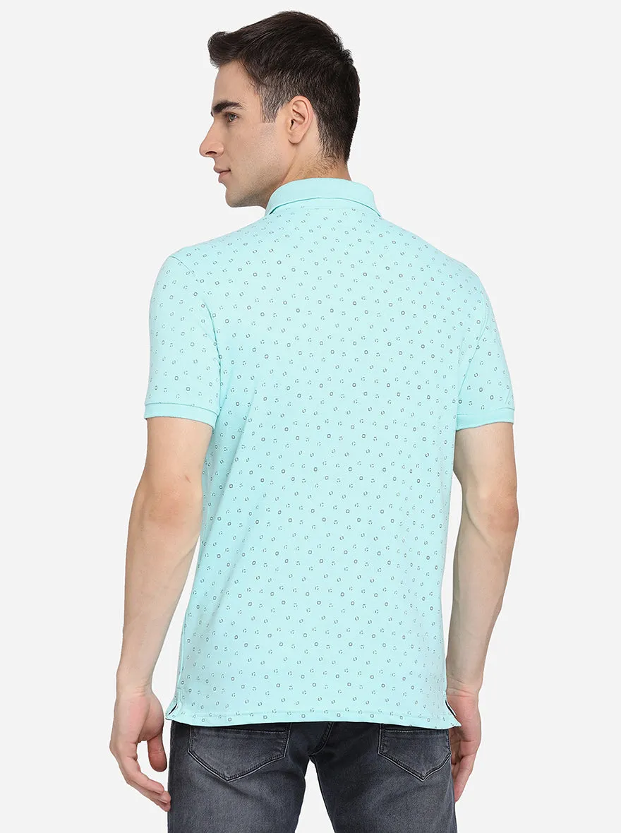 Sky Blue Printed Slim Fit Polo T-Shirt | JadeBlue