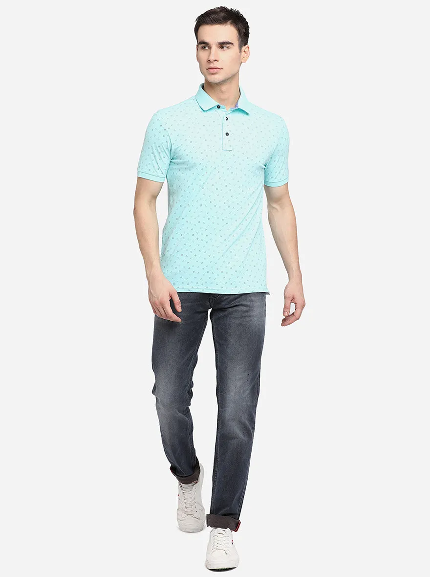Sky Blue Printed Slim Fit Polo T-Shirt | JadeBlue