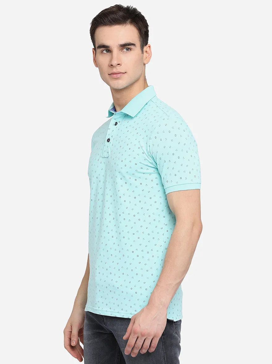Sky Blue Printed Slim Fit Polo T-Shirt | JadeBlue