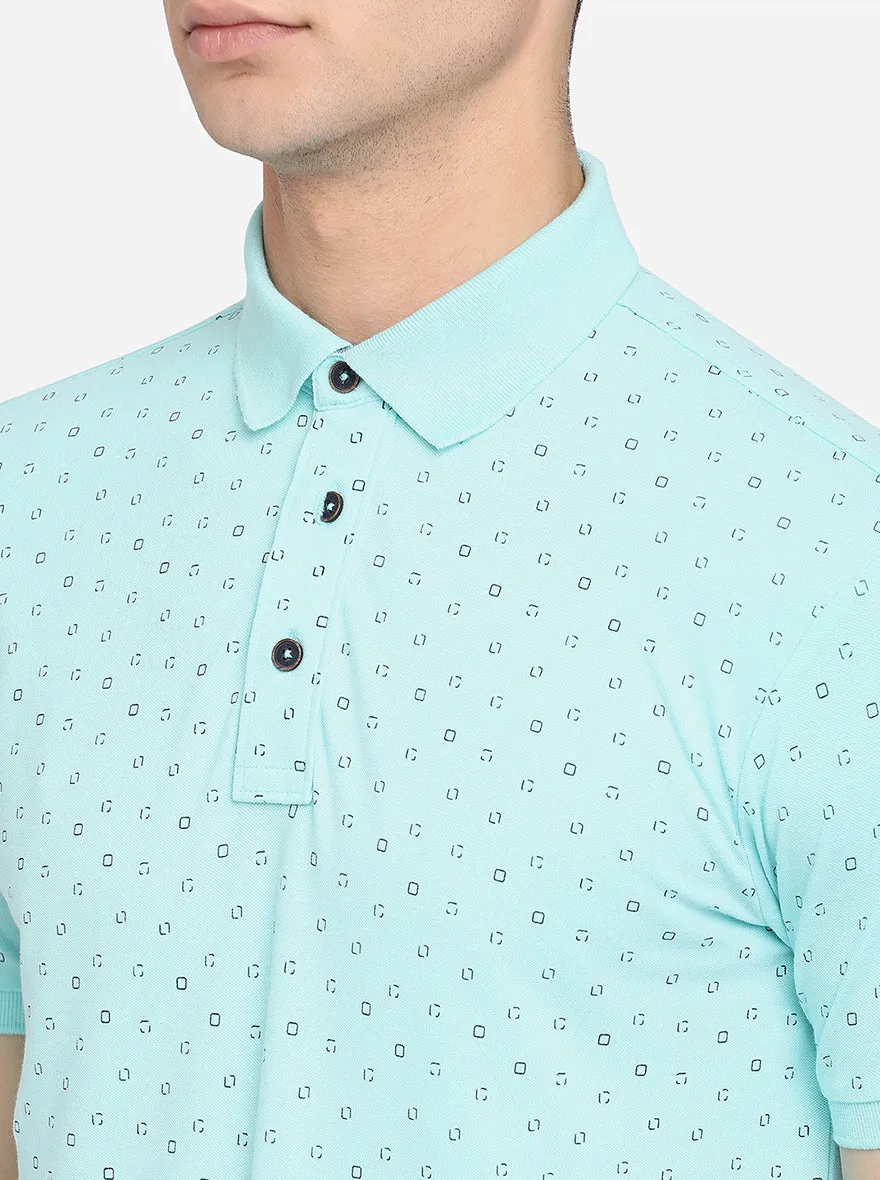 Sky Blue Printed Slim Fit Polo T-Shirt | JadeBlue