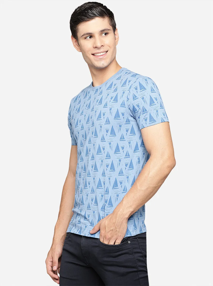Sky Blue Printed Slim Fit T-Shirt | JadeBlue