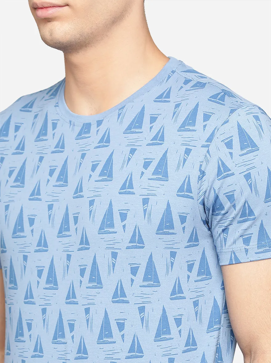 Sky Blue Printed Slim Fit T-Shirt | JadeBlue