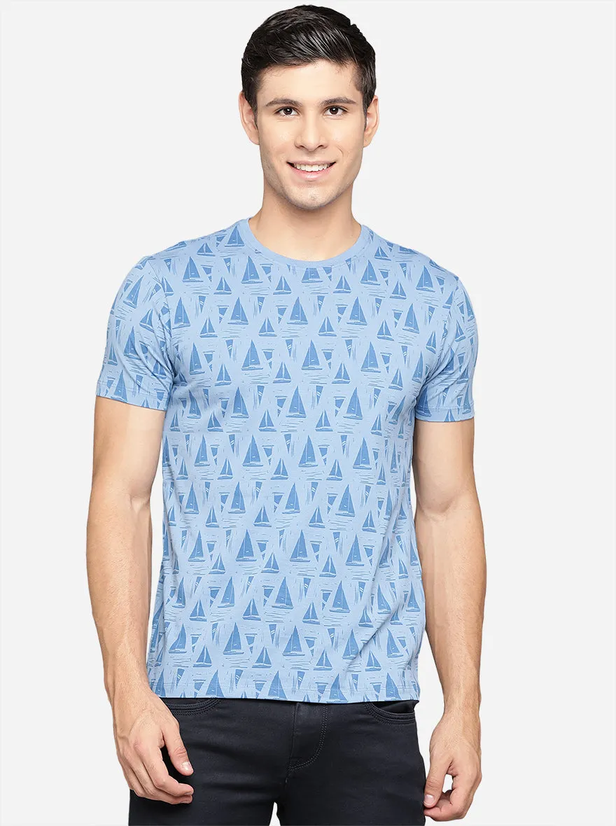 Sky Blue Printed Slim Fit T-Shirt | JadeBlue