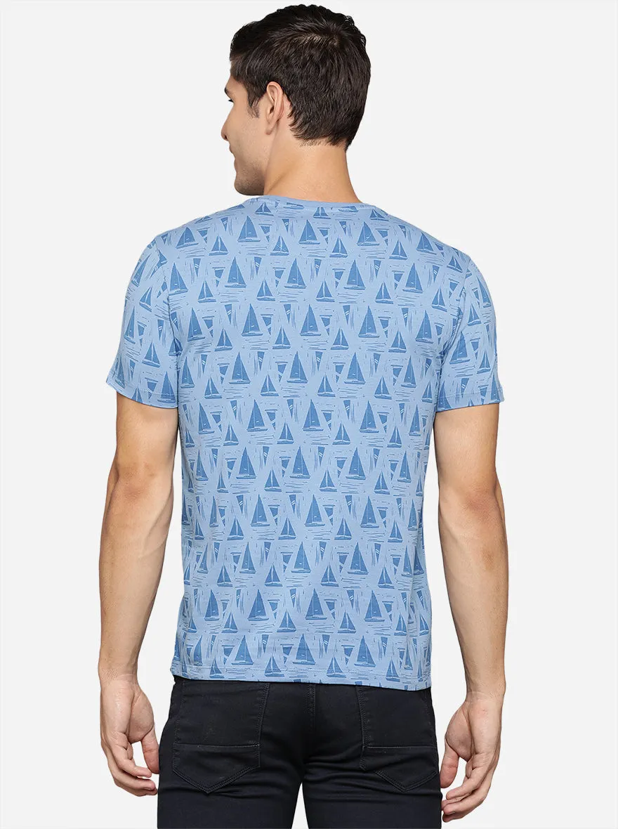 Sky Blue Printed Slim Fit T-Shirt | JadeBlue