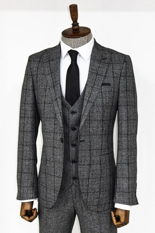 Slim Fit Checked Dark Grey Men Suit - Wessi