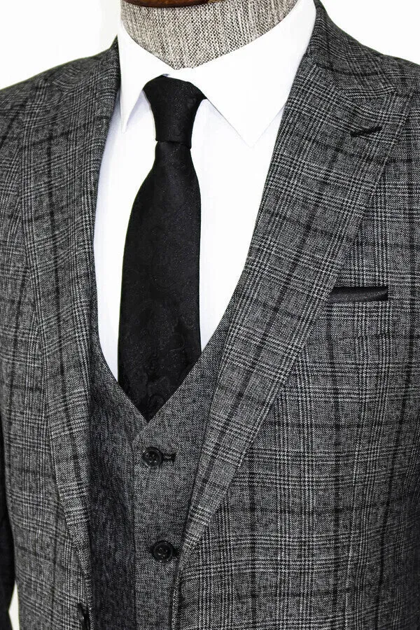 Slim Fit Checked Dark Grey Men Suit - Wessi