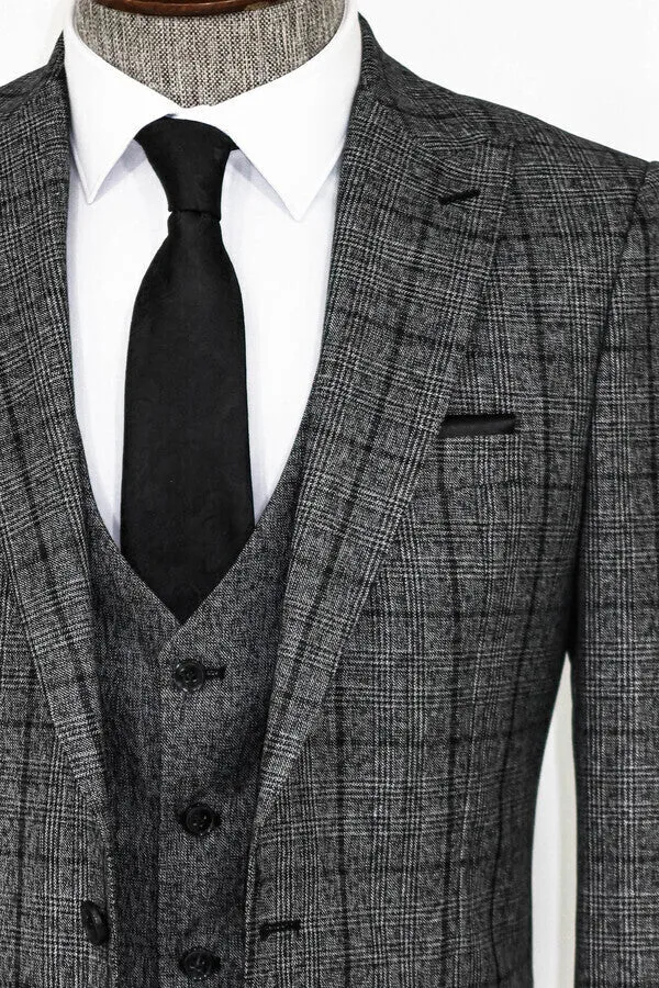 Slim Fit Checked Dark Grey Men Suit - Wessi