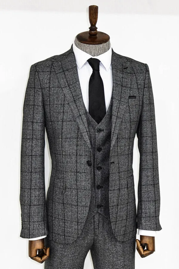 Slim Fit Checked Dark Grey Men Suit - Wessi
