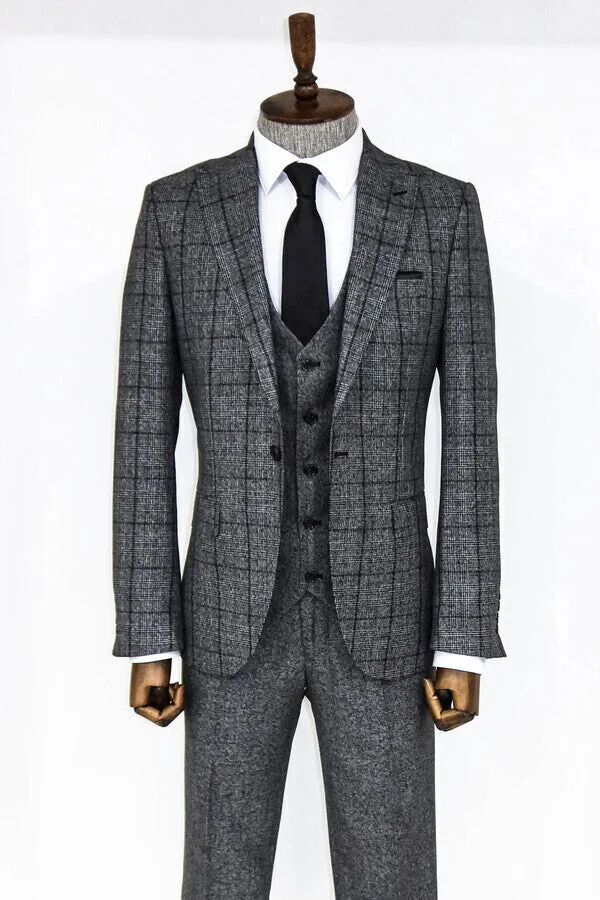 Slim Fit Checked Dark Grey Men Suit - Wessi