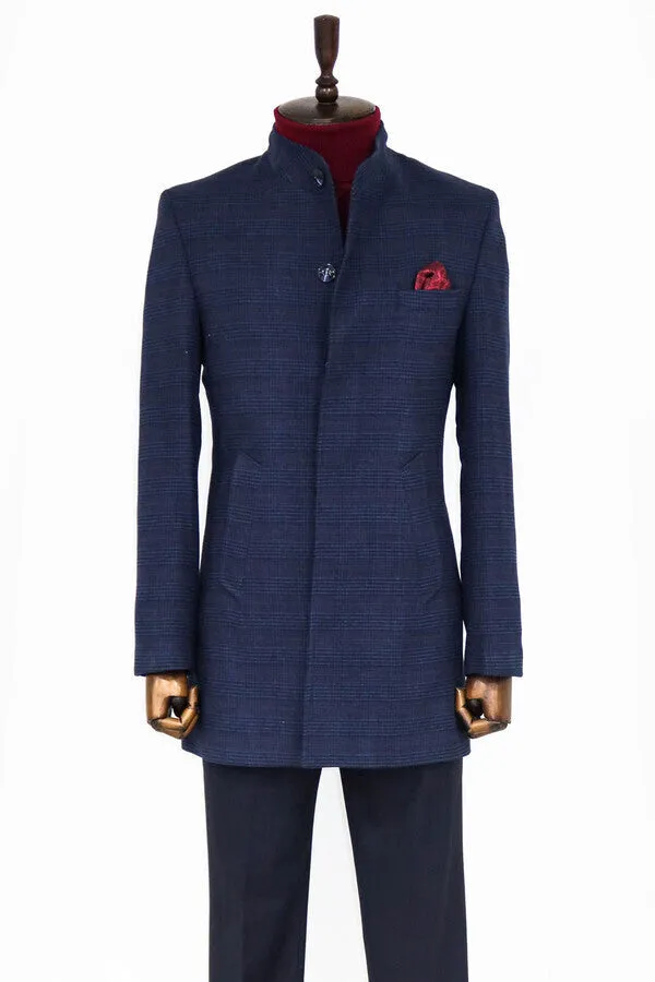 Standing Collar Checked Navy Blue Men Coat - Wessi